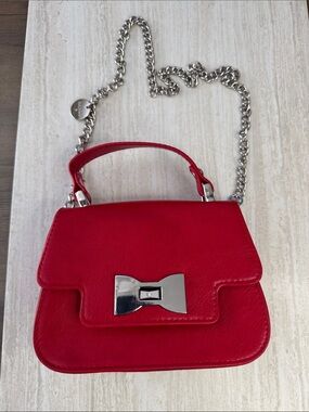 Red Leather Top-Handle Crossbody Bag with Silver Chain